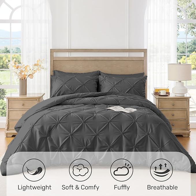UNIKOME King Comforter Set Dark Gray - Ultra Soft Boho Pintuck Down Alternative Bedding Set for All Seasons, 3 Pieces Lightweight Warm Pinch Pleat Bed Set with Comforter, 2 Pillowcases