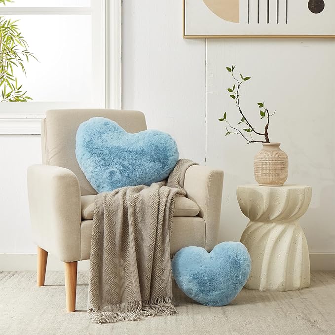 YRXRUS Heart Pillow, Blue Heart Pillows, Love Pillow Gifts, 14X17 Inch Large Heart Shaped Pillows, Faux Rabbit Fur Coquette Room Decor Throw Pillows, Living, Bedroom, Indoor Outdoor