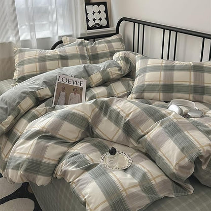 VM VOUGEMARKET Green Gingham Comforter Set Full,3 Pieces Plaid Comforter with 2 Pillowcases for Men Boys Simple Modern Bedding Set (80"x90")