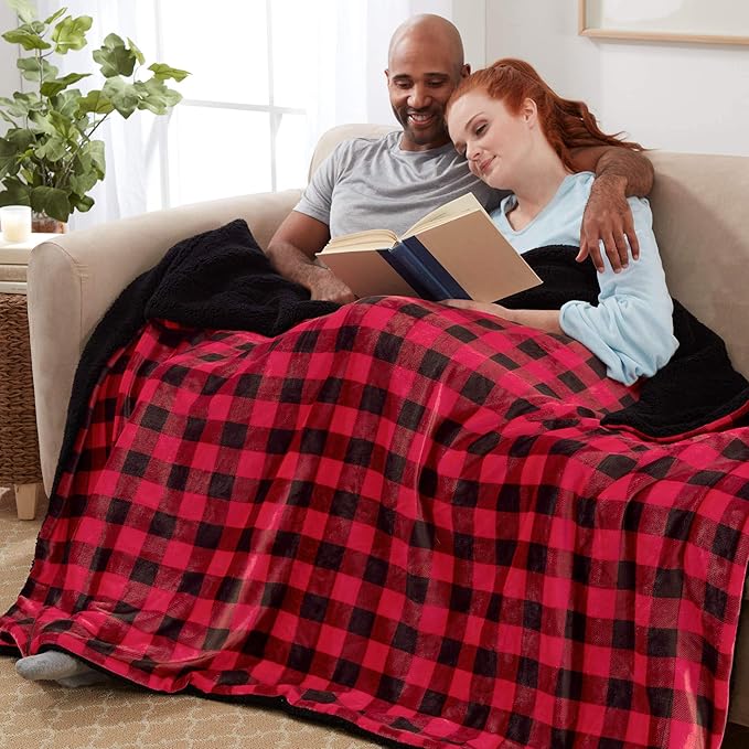 Genteele Sherpa Throw Blanket Super Soft Reversible Ultra Luxurious Plush Blanket, 60 x 80 inches, Buffalo Check Red/Black