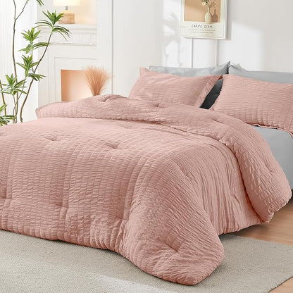 HYMOKEGE Rose Gold/Light Grey Full Size Comforter Sets Seersucker 7 Pieces, All Season Luxury Bed in a Bag for Bedroom, Bedding Set with Comforter, Sheets, Pillowcases & Shams