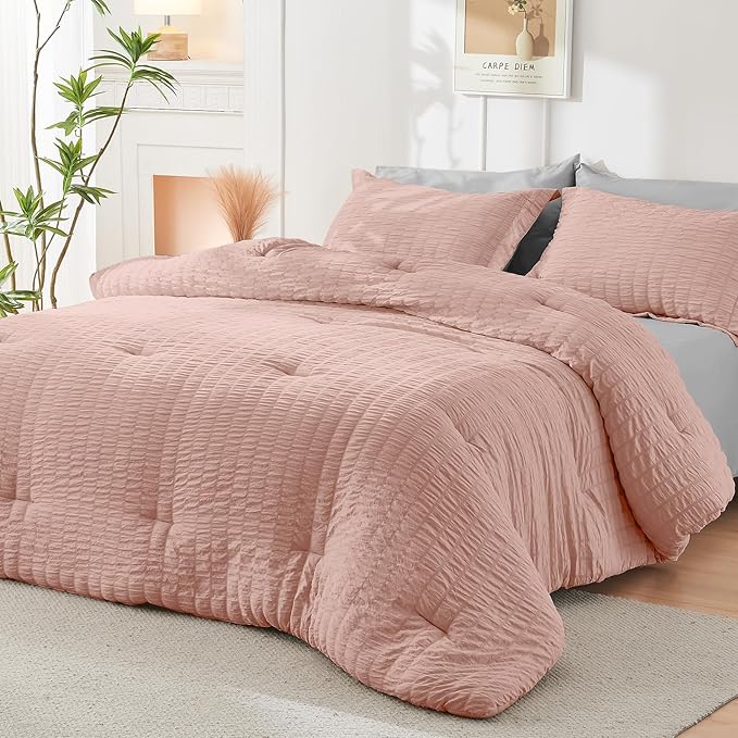 HYMOKEGE Rose Gold/Light Grey King Size Comforter Set Seersucker 7 Pieces, All Season Luxury Bed in a Bag for Bedroom, Bedding Set with Comforter, Sheets, Pillowcases & Shams