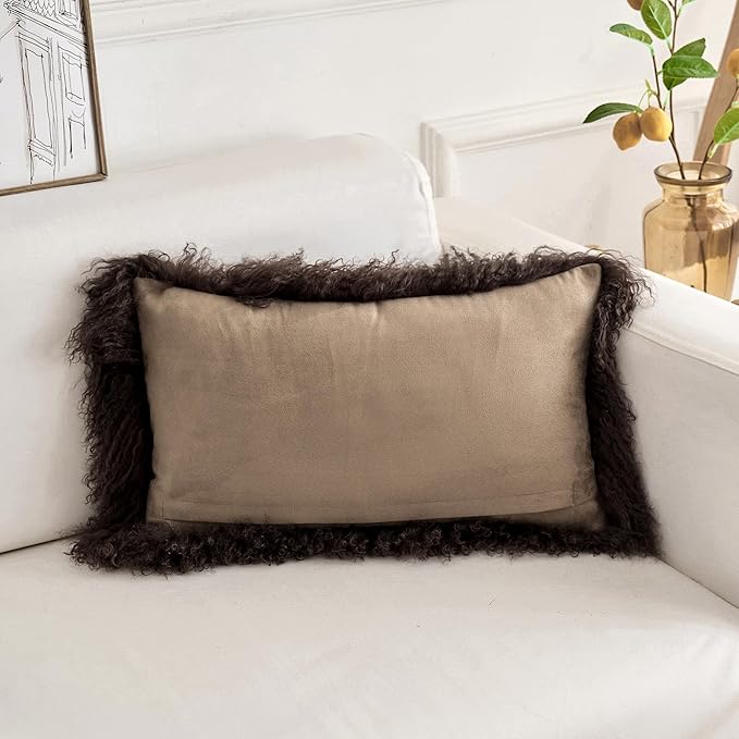 Genuine Mongolian Lamb Fur Pillow Cover – 12"x20" Rectangular Cushion Case – Soft Curly Wool Decorative Accent for Sofa, Bed, or Chair (Chocolate Brown)