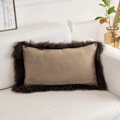 Genuine Mongolian Lamb Fur Pillow Cover – 12"x20" Rectangular Cushion Case – Soft Curly Wool Decorative Accent for Sofa, Bed, or Chair (Chocolate Brown)