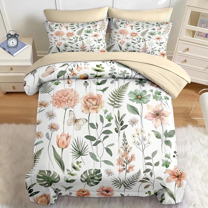 Nesker 7 Pcs Spring Comforter Set Queen Size, Green Floral Bedding Set for Kids and Adults, Fern Rose Tulip Bed Sheet Sets with Fitted Sheet 2 Pillowcases & 2 Shams