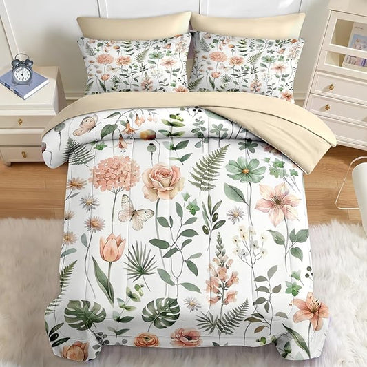 Nesker 7 Pcs Spring Comforter Set Queen Size, Green Floral Bedding Set for Kids and Adults, Fern Rose Tulip Bed Sheet Sets with Fitted Sheet 2 Pillowcases & 2 Shams