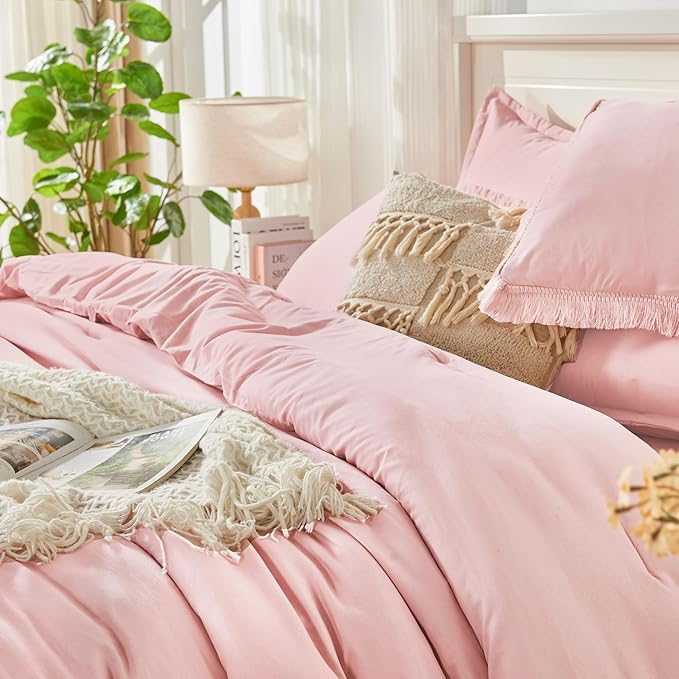 Andency California King Size Comforter Set with Sheets Light Pink - 7 Pieces Cal King Bed in a Bag Boho Bedding Sets, Bed Set with Comforter, Sheets, Pillowcases & Shams
