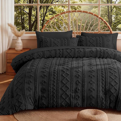 MR&HM Farmhouse Comforter Set King 7 Pieces, Black Tufted Boho Beddding Sets, Bed in a Bag with 1 Comforter, 2 Pillow Shams, 2 Pillowcases, 1 Flat Sheet, 1 Fitted Sheet for All Seasons