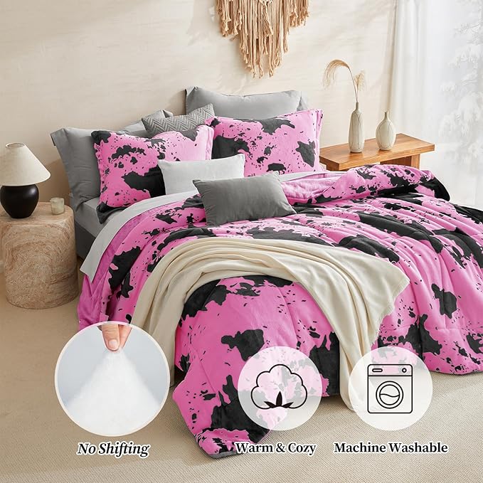 Petrichor Velvet Flannel King Comforter Set-Cow Print Western Style Blanket,Luxury Fuzzy Heavy Bedding Set, 3 Pieces Plush Winter Bed Set with Comforter (90"x104") & 2 Pillow Shams (20"x36"