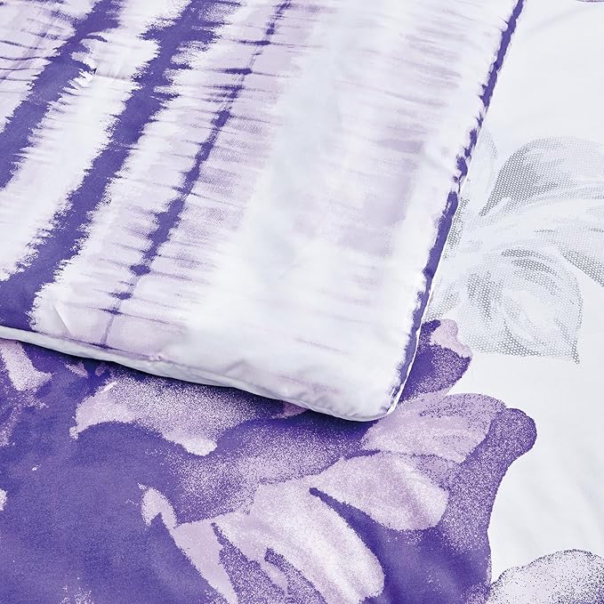 Sunshine Nicole Soft Brushed Microfiber Comforter Set, 7 Pieces King, with Light Weight Soft Poly Fill, Printed Dark Purple Big Florals Face with Print Reverse