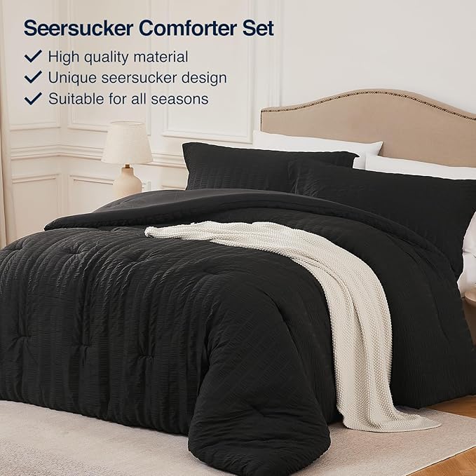 Black Twin/Twin XL Comforter Set - 2 Pieces Seersucker Lightweight Bedding Comforter Sets (1 Soft Fluffy Comforter & 1 Pillowcase) - All Seasons Cozy Modern Bed Sets for Women Men