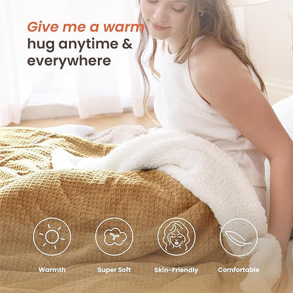 Heated Blanket Electric Blanket Full Waffle,72x84 Inches Sherpa Fleece Fast Heating Blanket 6 Heating Levels & 10 Hours Auto Off ETL Certification, Caramel Full