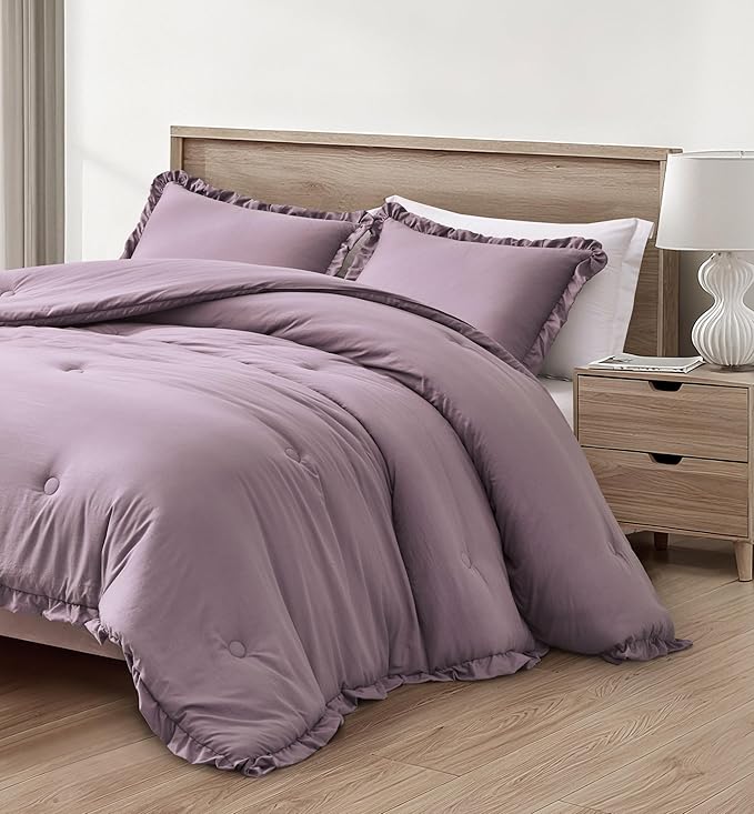 Chezmoi Collection Nora Mauve Comforter Set Twin Size 2-Piece Lightweight Soft Stone-Washed Ruffled Shabby Chic Bedding for All Season