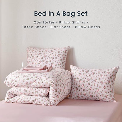 Wake In Cloud - Floral Comforter Set with Sheets, Coquette Cottagecore Aesthetic Flower Shabby Chic Pattern for Women Teen Girls, 5 Pieces Bed in a Bag, Pink, Twin Size