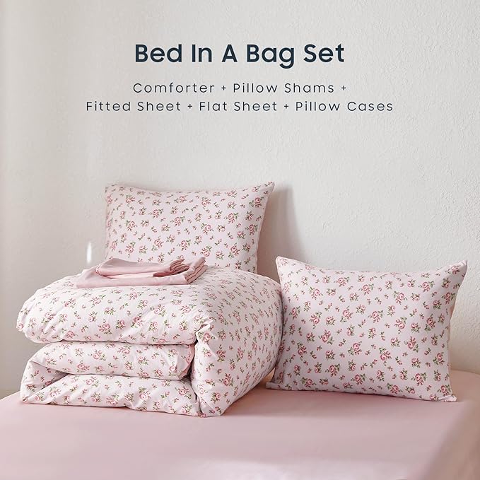 Wake In Cloud - Floral Comforter Set with Sheets, Coquette Cottagecore Aesthetic Flower Shabby Chic Pattern for Women Teen Girls, 7 Pieces Bed in a Bag, Pink, Queen Size
