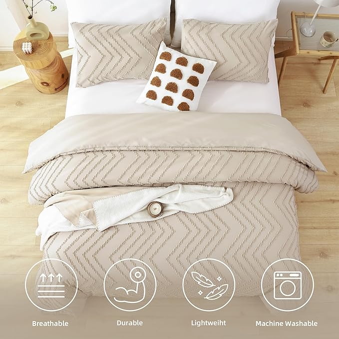 YIRDDEO Taupe Twin Comforter Set 2Pc, Boho Farmhouse Twinedding Set - Vertical Tufted Neutral Set with 1 Comforter 1 Pillowcase