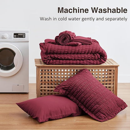 Love's cabin Seersucker Burgundy Twin XL Comforter Set, 5-Piece All Season Lightweight Bed in a Bag Bedding Set with Comforter, Flat Sheet, Fitted Sheet, Pillowcase and Sham | Soft, Breathable, Lightweight