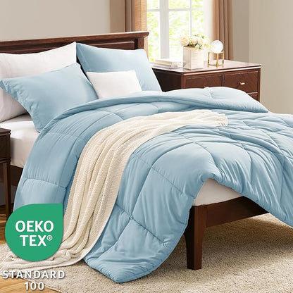 CozyLux King Size Comforter Set - Light Blue Comforter King Size, 3 Pieces Box Stitched Bed Set for All Seasons, Soft Lightweight Bedding Sets with 1 Down Alternative Comforter and 2 Pillow Shams
