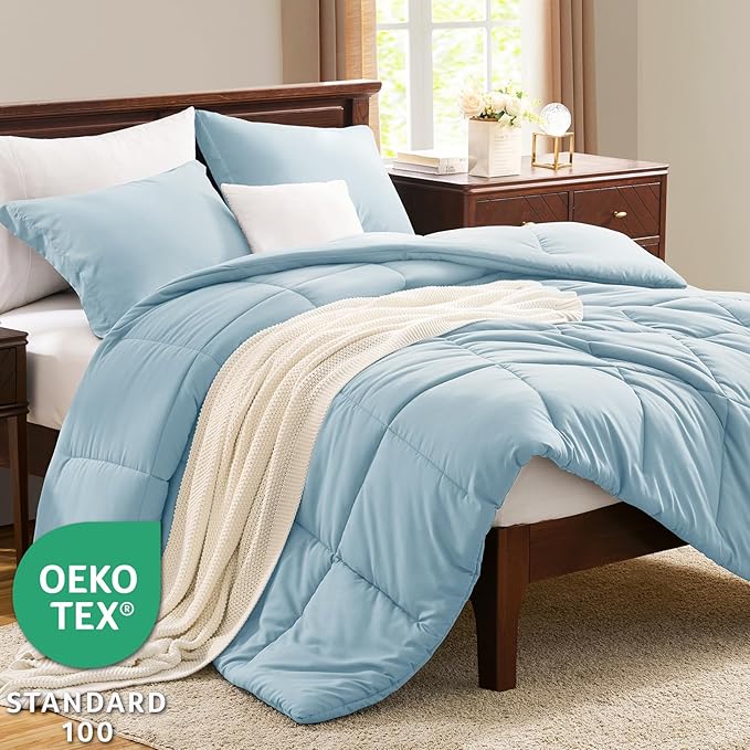 CozyLux Full Size Comforter Sets - Light Blue Comforter Full Size, 3 Pieces Box Stitched Bed Set for All Seasons, Soft Lightweight Bedding Sets with 1 Down Alternative Comforter and 2 Pillow Shams