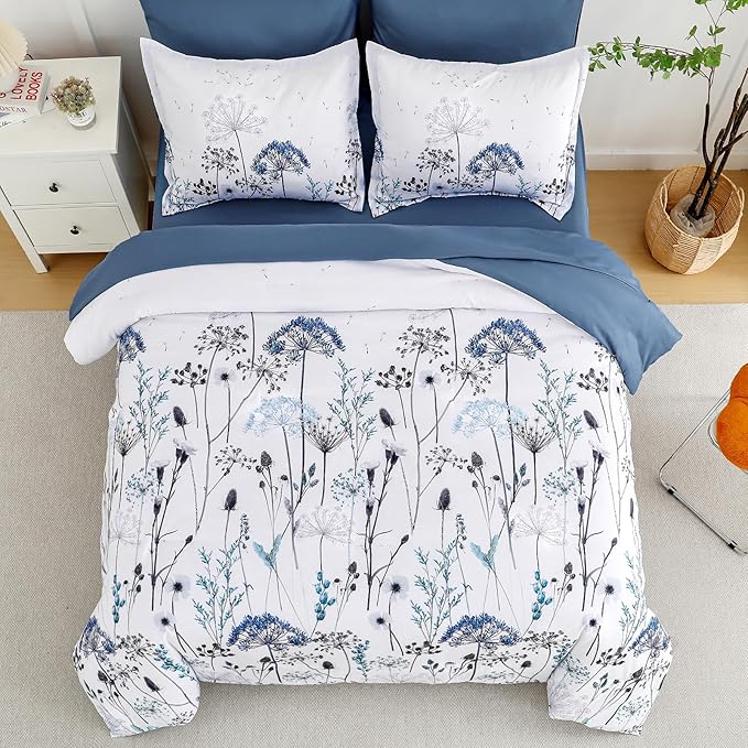 Yiran 7 Piece Blue Dandelion Botanical Comforter Set Queen Size, Floral Plant Comforter Bedding Set, Bed in a Bag Queen, Soft Microfiber Complete Bedding Set with Sheets for All Season