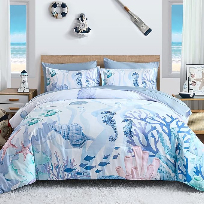 Comforter Set King Size Coastal, Coral Beach Themed Comforters Diving Deep Ocean Bedding with Sheets 7 Pieces Bed in a Bag for Spring Summer House Conch Decor