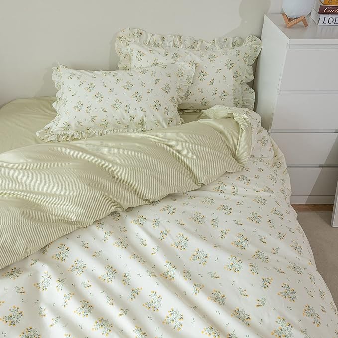 HighBuy Garden Flower Comforter Set Full Green Floral Bedding Comforter Set Stripes Farmhouse Bedding Set 1 Lace Ruffle Comforter and 2 Lace Pillowcases Romantic Comforter Sets for Girls Women