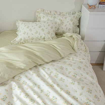 HighBuy Floral Comforter Set Queen Lace Edge Green Flower Bedding Comforters with 2 Lace Ruffle Pillow Shams Coquette Cottagecore Comforter Sets Stripes Bedding Set 3 PCs for Girls Women