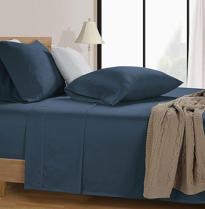 LANE LINEN California King Sheets Sets - 4 PCs. 600 Thread Count Cal King Sheet Set - 100% Cotton Sheets Cal King - Ultra Soft, Sateen Weave California King Bed Sheets Set - Denim