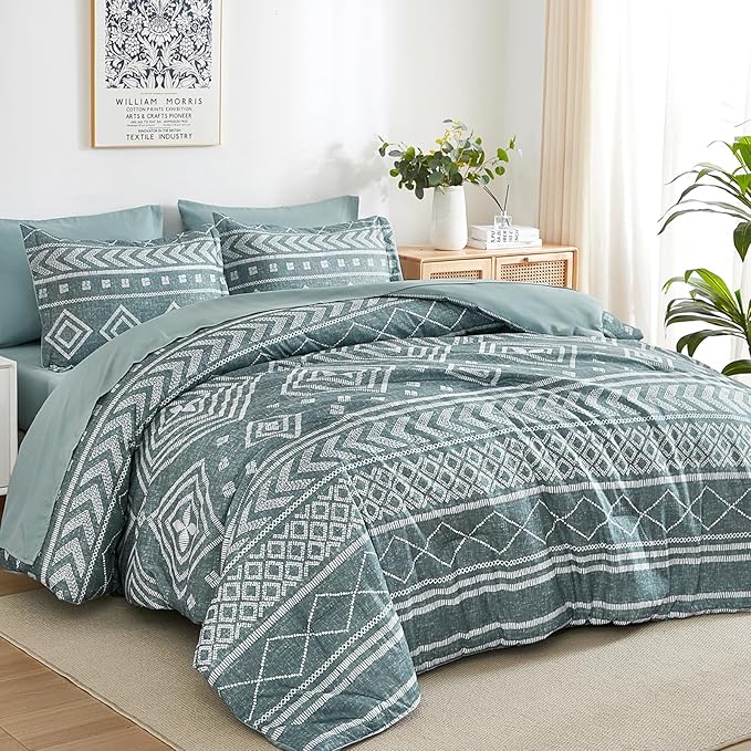 Yiran Boho Full Size Comforter Set, Grayish Blue Aztec Comforter Bedding Set, 7 Piece Bed in a Bag, Soft Microfiber Bohemian Striped Complete Bedding Set with Sheets for All Season
