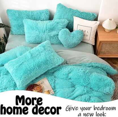 MorroMorn Fluffy Heart Throw Pillows, Shaggy Decorative Pillow for Sofa Couch Bed, Cute Room Decor Decorations for Women Girls Kids (Aqua)