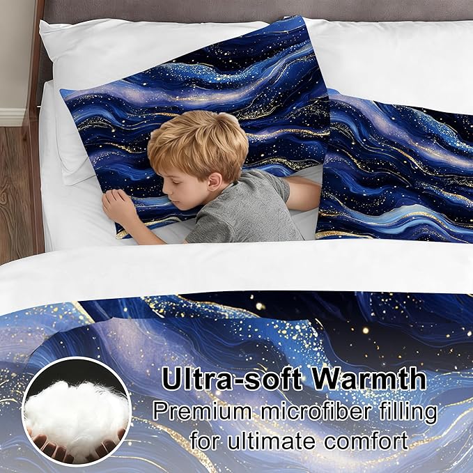 Royal Blue Gold Comforter Set Twin for Boys Kids Teens Navy Blue Gold Marble Bedding Set Abstract Goled Lines Bed Set for Home Decor Soft Luxury Marbled Quilt Set with 1 Comforter + 1 Pillowcase