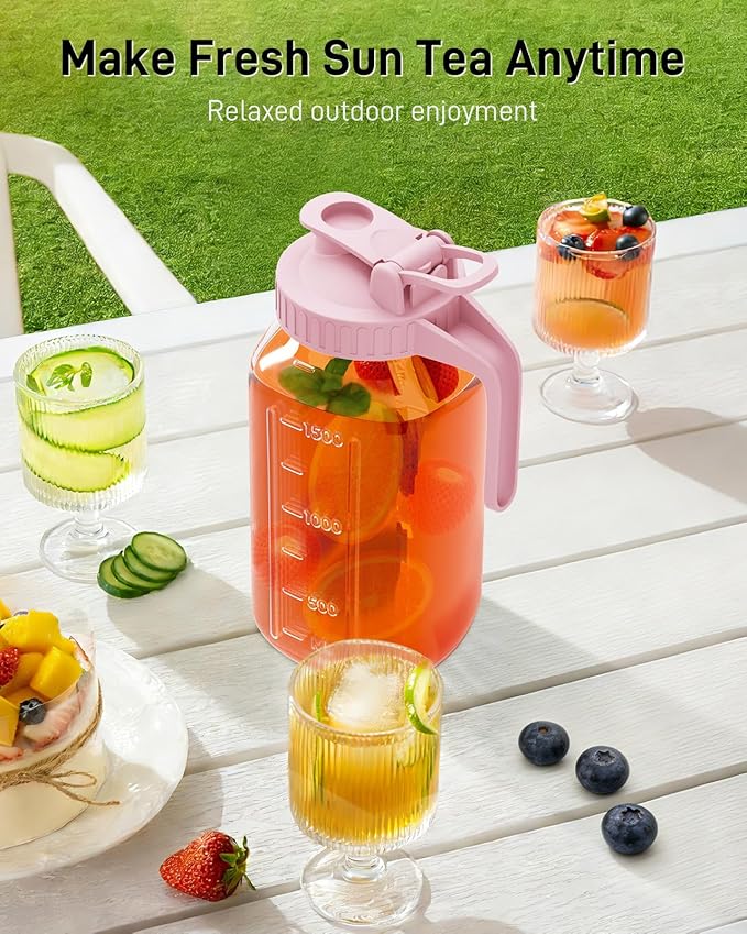 64 oz Glass Pitcher with Lid, Large Wide Mouth Mason Jar with Pour Spout, Pink Sun Tea Jar for Outside, Glass Water Pitcher Great for Drink, Cold Beverages and Breast Milk