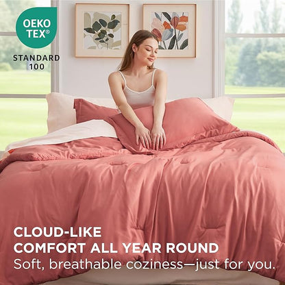 Bedsure Twin Comforter Set - 5 Pieces Coral Twin Bedding Set for All Seasons, Boho Contrasting Design Bed in a Bag with Comforter, Sheets, Pillowcase & Sham