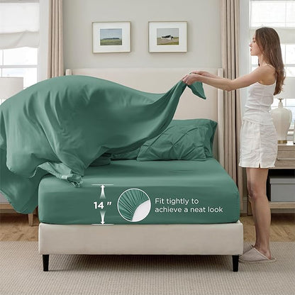 Bedsure Queen Comforter Set Graysih Green - Bed in a Bag Queen Size Bedding 7 Pieces, GentleSoft™ Pintuck Bed Set Gift for Family, Pinch Pleat All Season Comforter with Sheets, Pillowcases & Shams