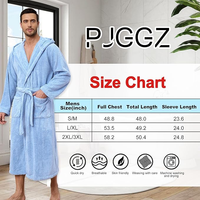 Men's Bathrobes with Hood, Soft Long Towel Robe for Men - Super Absorbent Quick Dry yet Warm