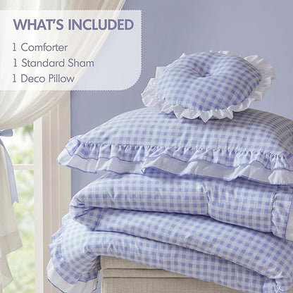Intelligent Design Rowena Twin Comforter Set – Blue Gingham Ruffled Bedding, Vintage Farmhouse Style, Reversible All Season 3-Piece Bedding Set, Twin/Twin XL, Gift for Her