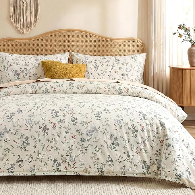 Floral Comforter Set Queen Size Green Floral Bedding Set 3 Pieces 100% Cotton Farmhouse Botanical Bedding Breathable Soft Reversible Comforter for All Seasons