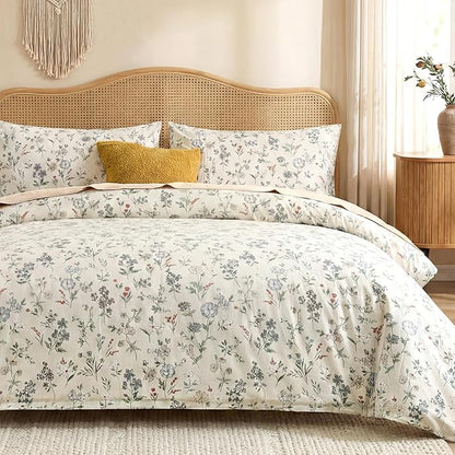 Floral Comforter Set Queen Size Green Floral Bedding Set 3 Pieces 100% Cotton Farmhouse Botanical Bedding Breathable Soft Reversible Comforter for All Seasons