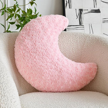 Moon Shaped Pillow with Soft Faux Fur for Couch, Bed, Sofa - Cute Half Moon Pillows with Room Decor for Bedroom, Living Room (19 Inches, Pink)