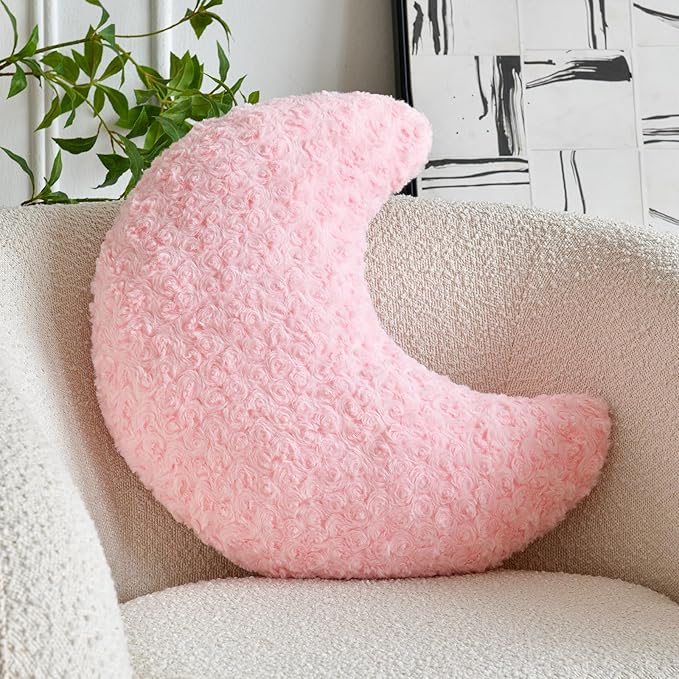 Moon Shaped Pillow with Soft Faux Fur for Couch, Bed, Sofa - Cute Half Moon Pillows with Room Decor for Bedroom, Living Room (14.9 Inches, Pink)