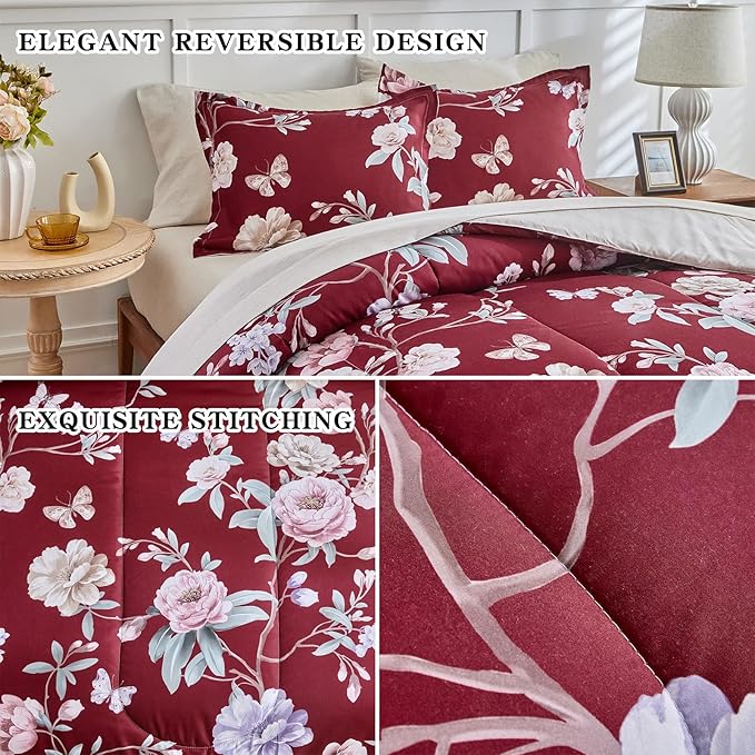 Joyreap 3pcs Floral Comforter Set King, Blue n Pink Flowers on Burgundy Red Design, Microfiber Lightweight Bedding Christmas Comforter Set for All Season