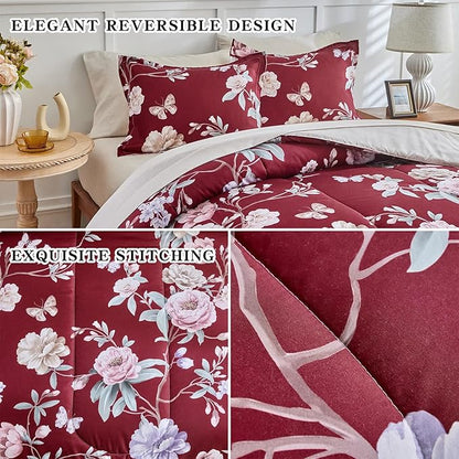 Joyreap 3pcs Floral Comforter Set King, Blue n Pink Flowers on Burgundy Red Design, Microfiber Lightweight Bedding Christmas Comforter Set for All Season
