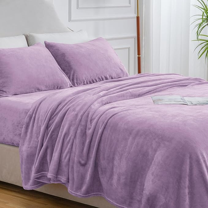 BEDELITE Flannel Sheets Twin Size Lavender - Super Soft Fleece Sheets Set Fluffy Extra Plush, 3 Piece(Include Fitted Sheet, Flat Sheet, 1 Pillowcase)