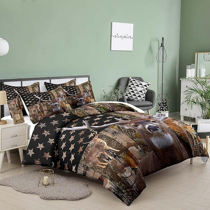 NINENINE Deer Bedding Set - Boys Full Size American Flag Camo Western Wildlife Theme Hunted Animal Comforter with 1 Comforter 2 Pillowcases