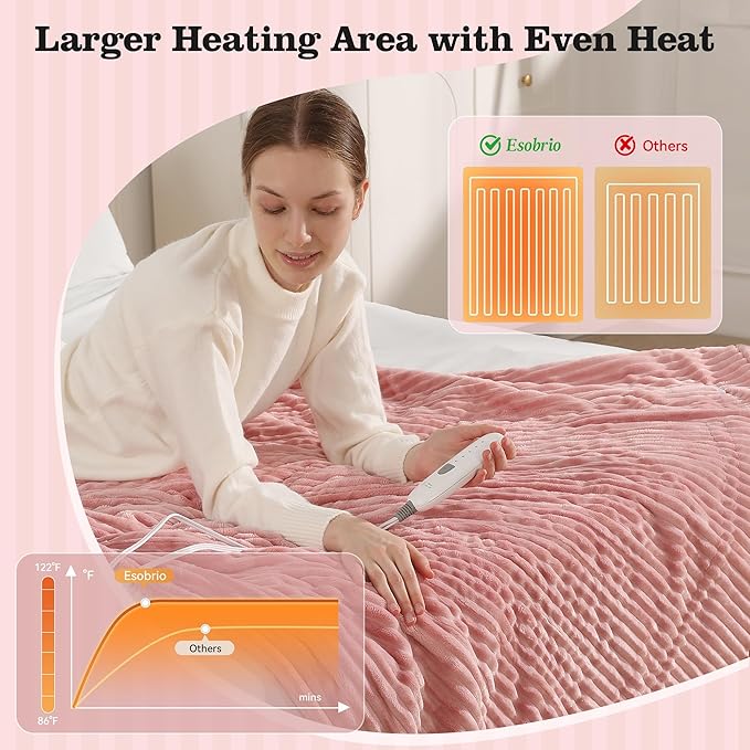 Heated Blanket Electric Throw 50"x60" Heating Blanket 450gsm Ribbed Flannel Sherpa Ultra-Soft with 5 Heating Levels and 4 Hour Auto Off, ETL & FCC Certified Electric Blanket, Great Winter Gift, Pink