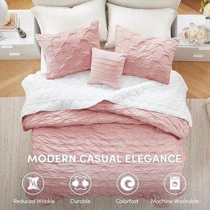 Comfort Spaces Comforter for King Size Bed, Ogee Ruched with Crinkle Texture, Breathable Comforter Set King, All Season Lightweight Bedding Set, Shams, Décor Pilow, King/Cal King Pink 4 Piece