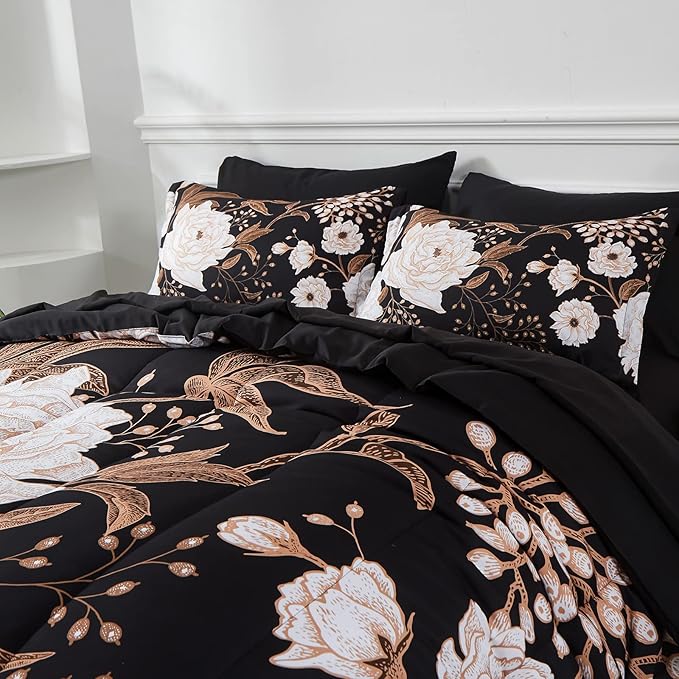 Yogeneg 7 Piece Bed in a Bag Queen Comforter Set Botanical Floral Bedding Set,White Flowers Leaves Printed on Black Reversible Design,Soft Microfiber Comforter with Sheet Set,All Season
