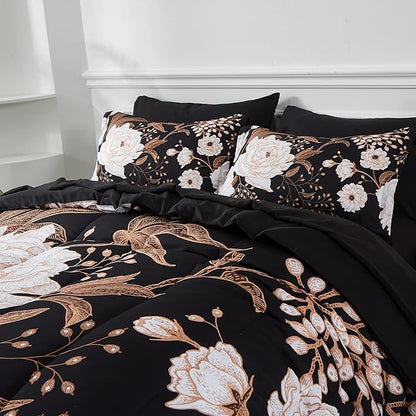 Yogeneg 7 Piece Bed in a Bag Full Size Comforter Set Botanical Floral Bedding Set,White Flower Leaves Printed on Black Reversible Design,Soft Microfiber Comforter with Sheet Set,All Season(Black,Full)