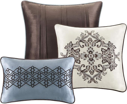 Madison Park Princeton Cozy Comforter Set - Luxurious Jaquard Traditional Damask Design, All Season Down Alternative Bedding with Matching Shams, Decorative Pillow, Cal King(104"x92"), Blue 7 Piece