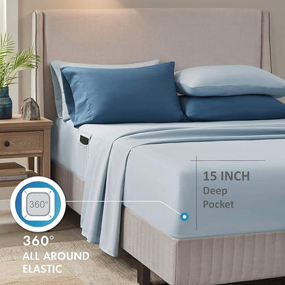Comfort Spaces Bed in A Bag - Trendy Casual Design Cozy Comforter with Complete Sheet Set with Side Pocket, All Season Cover, Matching Shams, King(104"x90"), Gloria, Damask Blue 9 Piece